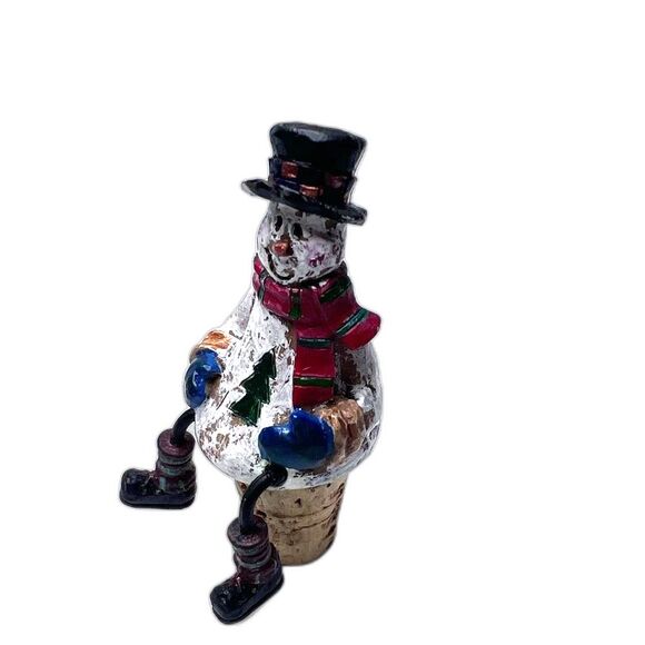 Christmas Snowman Dangler Hand Painted Bottle Topper Stoppers Cork Wine Holiday - Picture 2 of 11